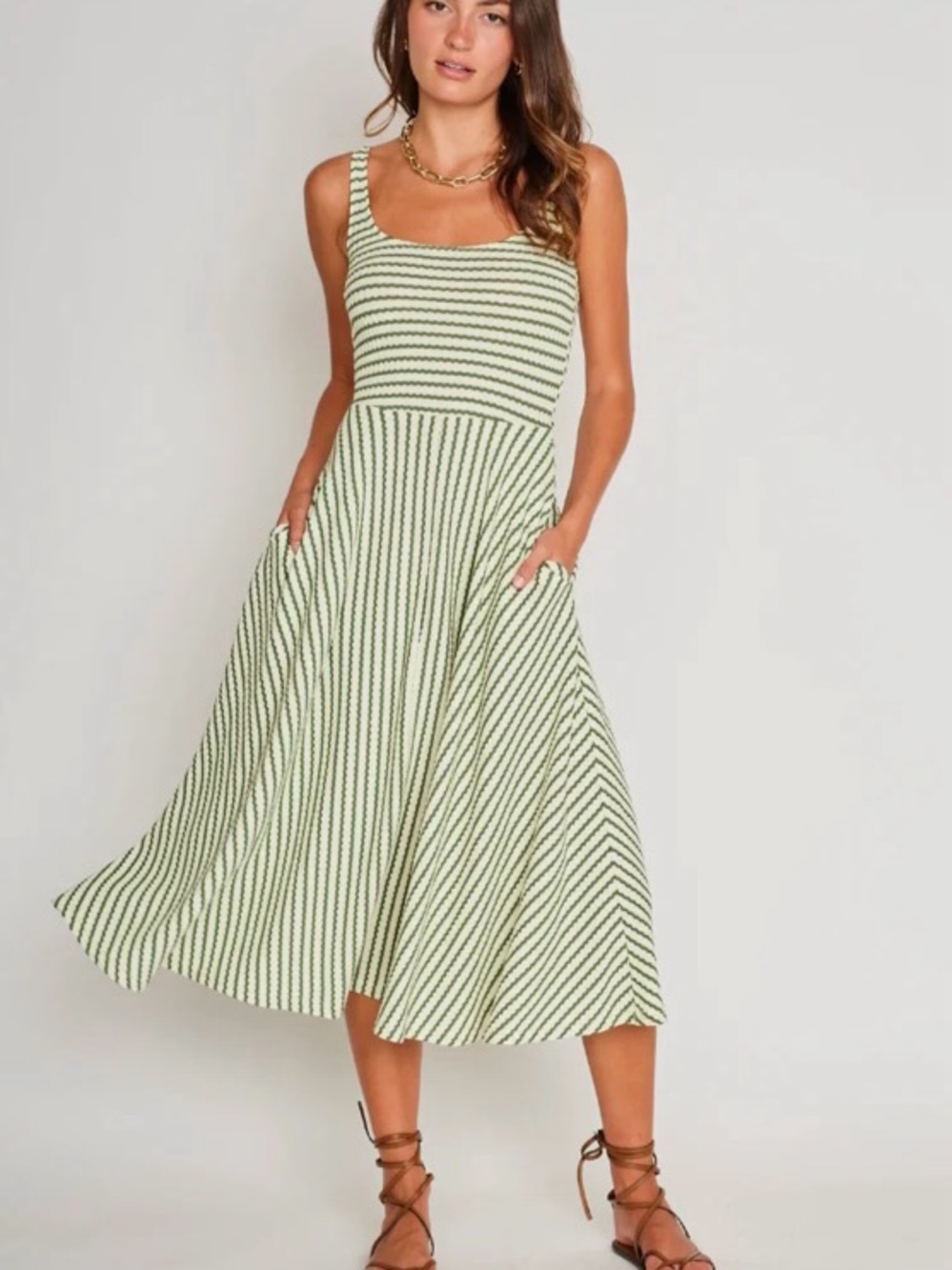 dRA Los Angeles Audrey Fit & Flare Tank Pistachio Cream Stripe Midi Dress, Large - Picture 3 of 5